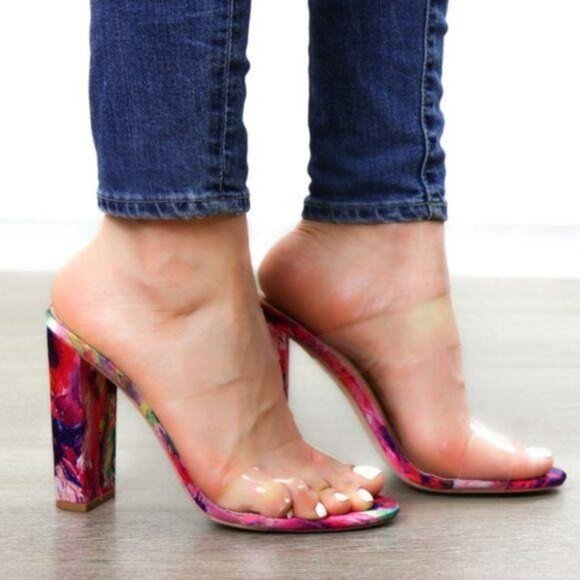 Clear Strappy Chunky High Heel Slider Sandal - Picture 7 of 8